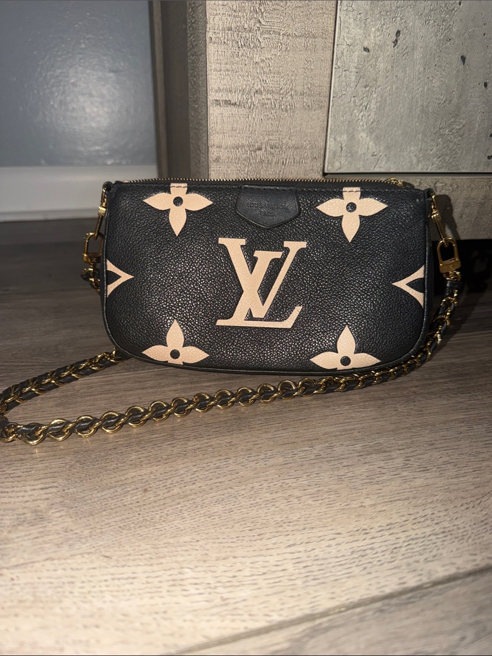 Louis Vuitton Black & Beige Monogram Mini Pochette with Gold Chain